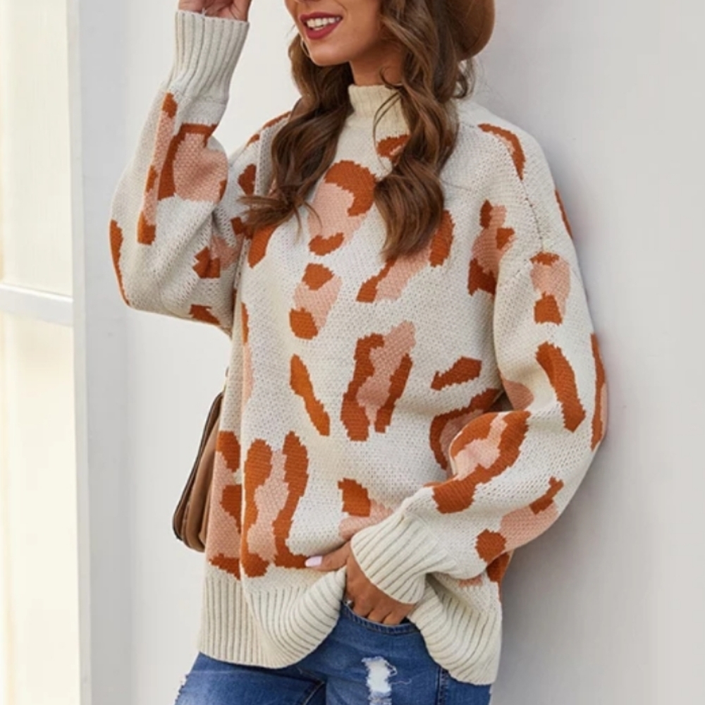 LAST S M only! Leopard Print Sweater Women Long Sleeve Knit Top - Picture 3 of 6